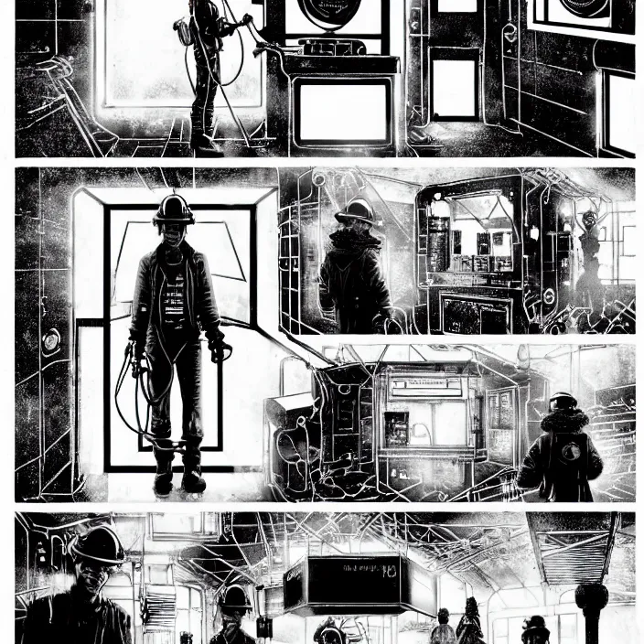 Prompt: sadie sink as a miner inside a minimalist steampunk automated kiosk with food options to choose from. small room. wide angle lens. black and white, pencil and ink. scifi cyberpunk. by gabriel hardman, joe alves, chris bonura. cinematic atmosphere, detailed and intricate, perfect anatomy