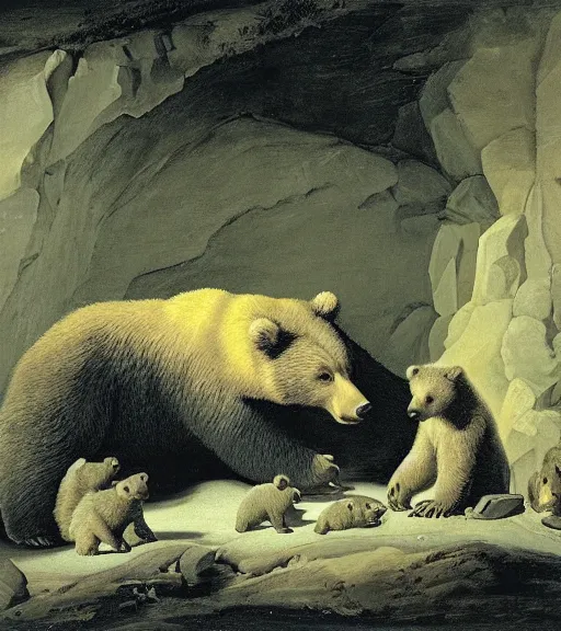 Image similar to a mother bear and her cubs sleeping in a dark cave POV from outside at night, artwork by Pieter Claesz