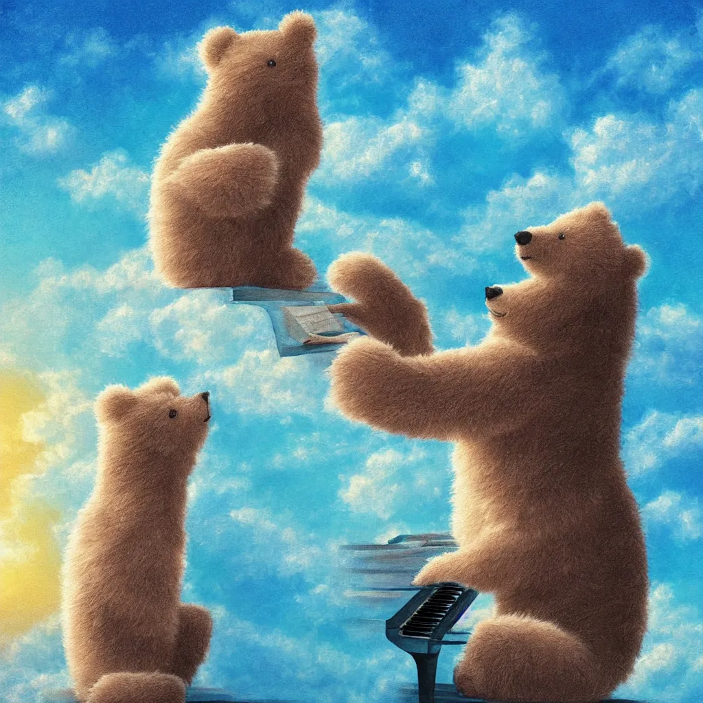 Prompt: a fluffy bear playing the piano on a turquoise cloud in the sunset sky digital art