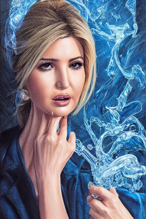 Image similar to Ivanka trump as a heroine in blue leather, intricate, elegant, highly detailed, centered, digital painting, artstation, concept art, smooth, sharp focus, illustration, art by artgerm and donato giancola and Joseph Christian Leyendecker, Ross Tran, WLOP, smoking crack in a crack pipe