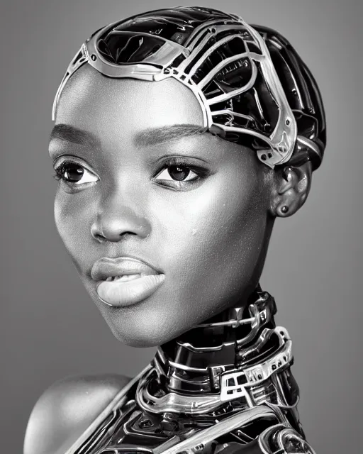 Prompt: beautiful centered fine art photo portrait of beautiful black girl with solarpunk mecha humanoid head parts with led lights, sexy serpentine pose gesture, white background, ultra - realistic and intricate, soft box lighting, shallow depth of field hdr 8 k