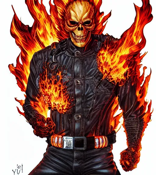 Prompt: detailed portrait ghost rider from marvel by yusuke murata and masakazu katsura and eisuke ogura, artstation, head in flames, highly - detailed, cgsociety, 8 k, hd, pixiv, pencil and ink, dark colors, intricate details
