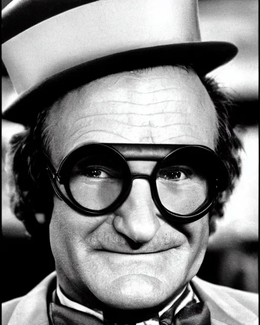 Prompt: Film still close-up shot of Robin Williams as Willy Wonka from the movie Willy Wonka & The Chocolate Factory. Photographic, photography