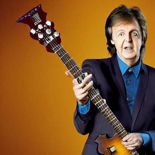 Image similar to Paul McCartney playing an insect beetle guitar, 8k, high definition, highly detailed, photo-realistic