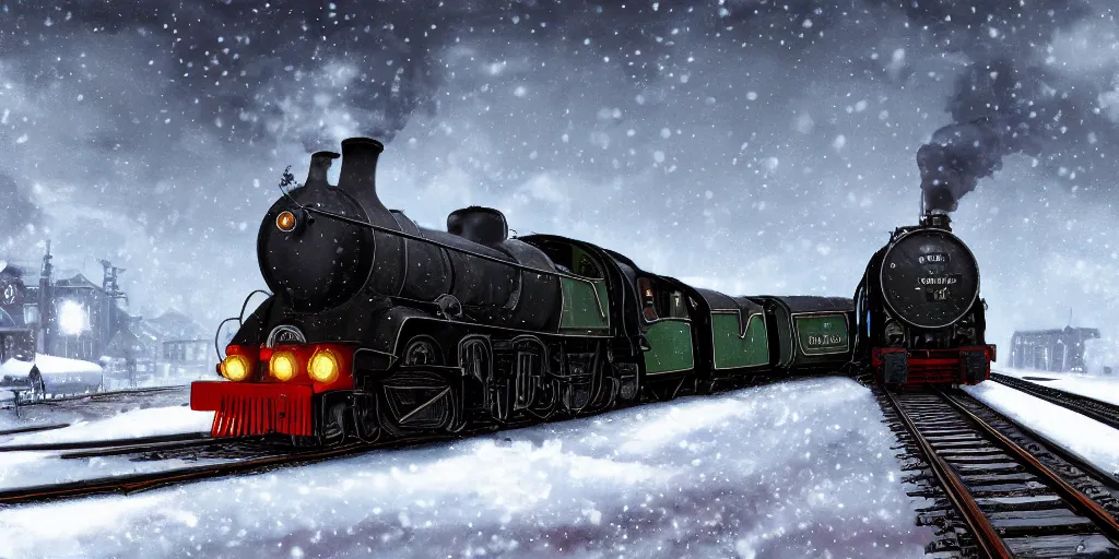 Prompt: ultra detailed and realistic painting of a heavy steam train in the snow under a blizzard, realistic style, inspired by very beautiful cute and colored disney movie backgrounds, bloom, high details, rendered in 8 k unreal engine