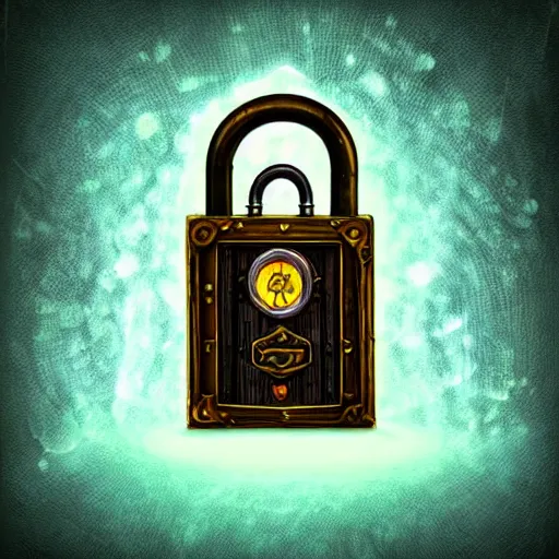 Image similar to a glowing steampunk keyed padlock 🔒 🔑, fantasy digital art, magical background in the style of hearthstone artwork