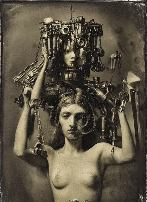 Image similar to old wetplate daguerreotype portrait of birth of lady justice cyborg, explosion of data fragments, fractal, intricate, elegant, highly detailed, parallax, leica, medium format, subsurface scattering, portrait, elegant, highly detailed, matte painting, by stanley spencer