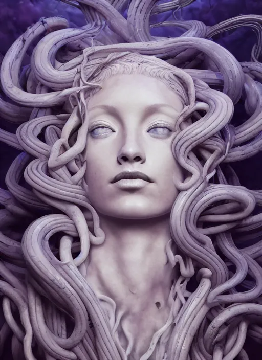 Image similar to medusa made of soft white wax, wooden art nouveau swirls, strong subsurface scattering, cables, tubes, subsurface scattering, in the style of ruan jia and beeple and giger, subsurface scattering, mystical colors, back light, rim light, dramatic lighting, 8 k, stunning scene, raytracing, octane render, trending on artstation