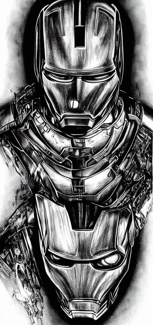 Image similar to iron man drawn in the style of hr giger, body horror, creepy, weird