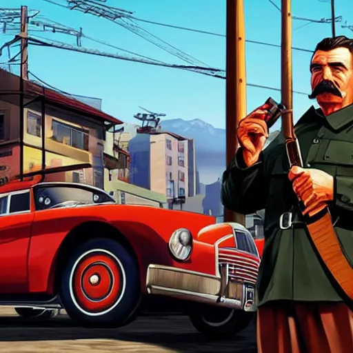 Prompt: joseph stalin in gta v, cover art by stephen bliss, boxart, loadscreen