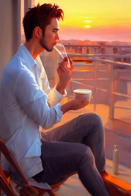 Image similar to attractive man drinking coffee, sunset, painting by jean giraud, vladimir volegov, ross tran, tom of finland, trending on artstation