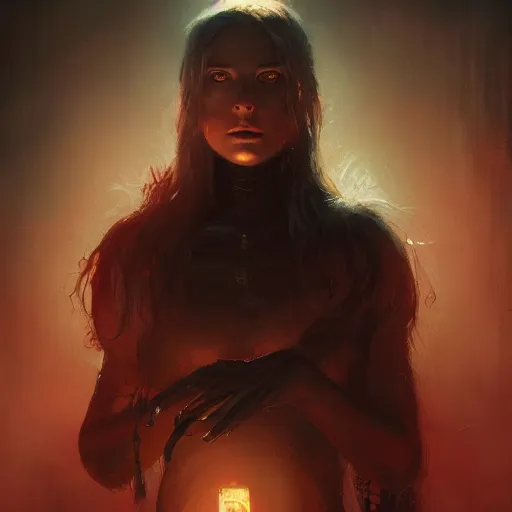 Image similar to young beautiful woman, glowing eyes, high detail, dramatic light, digital art, dark, painted by seb mckinnon and greg rutkowski, trending on artstation