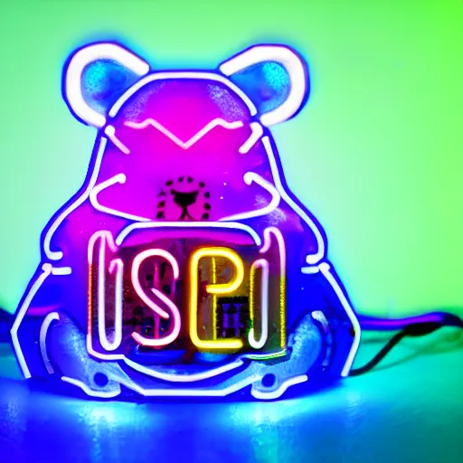 Prompt: cyberpunk hamster made of glowing rainbow neon lights, gems and crystals, light reflection, 8 k, hd, logo