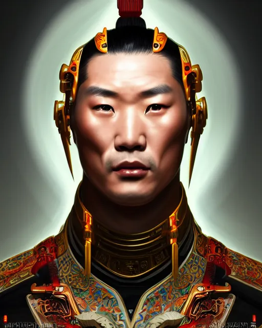 Image similar to portrait of a chinese masculine male cyberpunk machine, machine face, upper half portrait, decorated with chinese opera motifs, muscular, asian, fine china, wuxia, traditional chinese art, intricate, elegant, highly detailed symmetry headpiece digital painting artstation concept art smooth sharp focus illustration, art by artgerm and greg rutkowski alphonse mucha 8 k