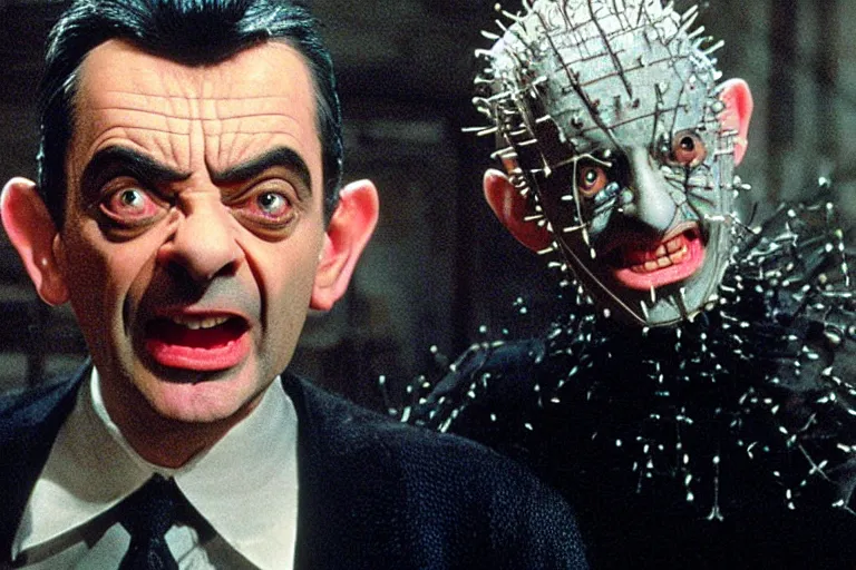 Prompt: VFX movie where Mr. Bean plays Pinhead from Hellraiser production photo