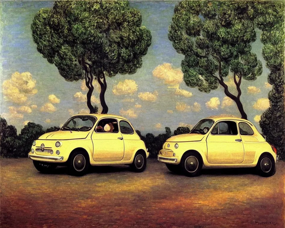 Prompt: achingly beautiful painting of a fiat 5 0 0 by rene magritte, monet, and turner. whimsical.