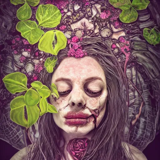 Image similar to a beautiful detailed front view portrait of a rotten woman corpse with plants and fractal flowers growing around, volumetric light, beautiful lit, polaroid photography