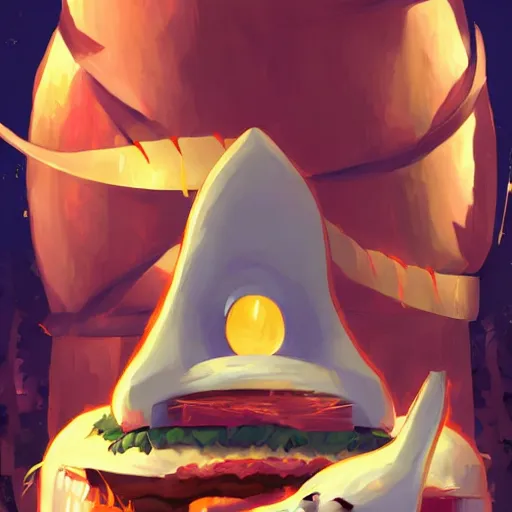 Prompt: a terrified cat running away from the giant carnivorous sandwich, artstation hq, dark phantasy, stylized, symmetry, modeled lighting, detailed, expressive, created by hayao miyazaki