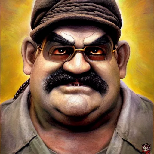 Image similar to An ultra realistic portrait painting of Wario in the style of Frank Frazetta, 4k, Ultra realistic, Highly Detailed, Dark Fantasy, Epic Lighting