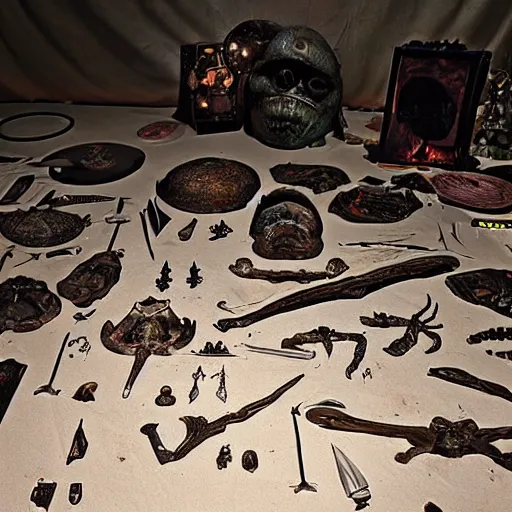 Prompt: alien artifacts laid out on a table, darkly lit, mysterious glow