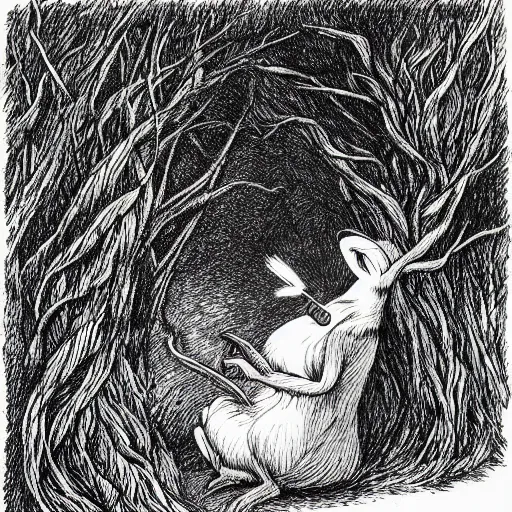 Prompt: a pen and ink drawing of a deep dark tangled forest, a white rabbit smoking a cigarette while reclining, a lingering smoke cloud, childrens illustration, by edward gorey, by gustav dore