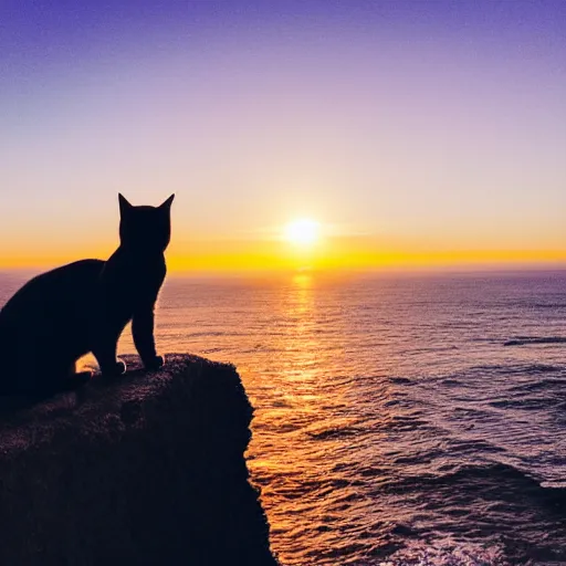 Image similar to a cat watching a sunset over the ocean from the edge of a cliff, dslr photo, camera from behind