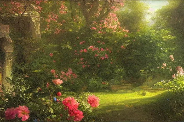 Prompt: secret garden, lush, floral, botanical, romanticism, dreamy, atmospheric, summery, hudson river school