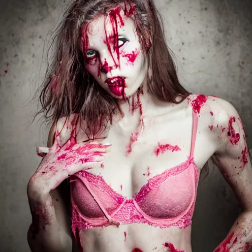 Image similar to a dirty grungy zombie girl wearing pink lace victoria secret, studio portrait,