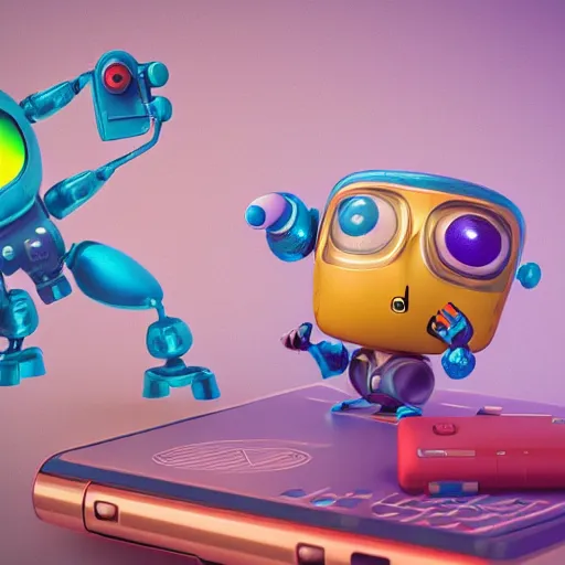 Prompt: two small chubby bots, hyperdetailed colourful graffiti on surface, smooth scratched panelling, intricate detail, holding a battery, single eye, cute, intricate arms, antenna, floating, white studio, cute mechanical toy, gameboy advanced, ambient light, in the style of pixar animation poster, pokedstudios, blender, octane render, 8 k,
