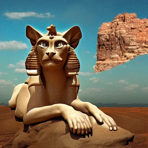 Prompt: a risitas sphinx in the middle of a dessert, realistic