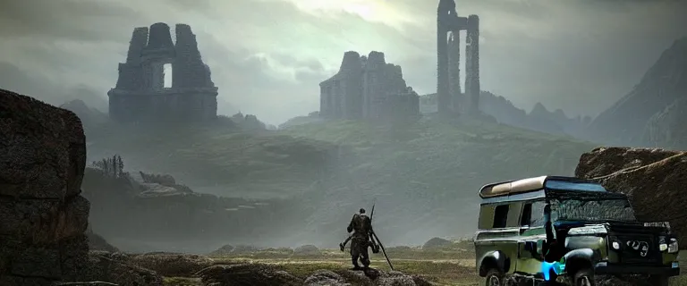 Image similar to Land Rover Defender 110 (1985), The Elder Scrolls III: Morrowind, dwemer Akulakhan robot in the distance, ancient dwemer ruins, an epic fantasy, dramatic lighting, cinematic, establishing shot, extremely high detail, photorealistic, cinematic lighting, artstation, by simon stalenhag, the Nerevarine drives across Morrowind, strange flora, strange fauna, Bull Netch floating around, Morrowind fauna prominent across the landscape