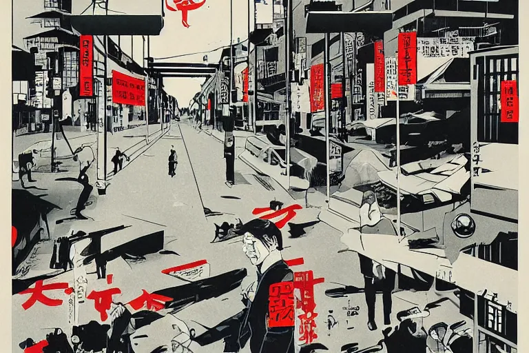 Prompt: japanese poster art inspired comic book panel about an outdoorsy guy who likes looking at the exterior of urban infrastructure. very classy poster art, big letters on flags, hyperrealistic, very detailed, historic photos, taken by henri cartier bresson