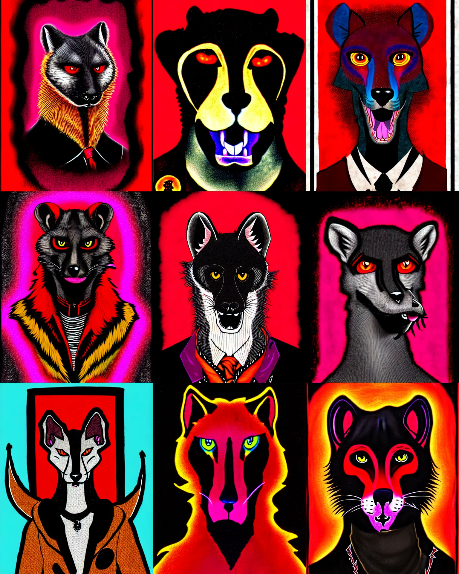 Image similar to handsome weasel fursona portrait, male, red - black, dark psychedelia style, refer to late timothy leary, schizophrenic art. dark and smoky