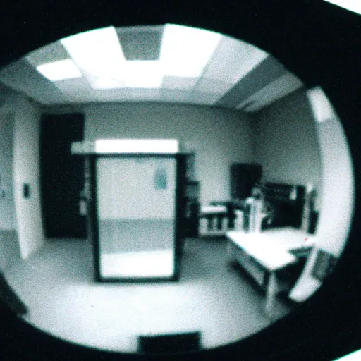 Prompt: cctv fisheye footage of a hooded shadowy figure in a laboratory with eyes staring at the camera
