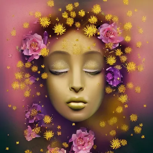 Image similar to man made of beautiful flowers and stars. fantasy art. trending on artstation. 4 k. pastel. golden foil. elegant. rose, dandelion, chamomile, lily