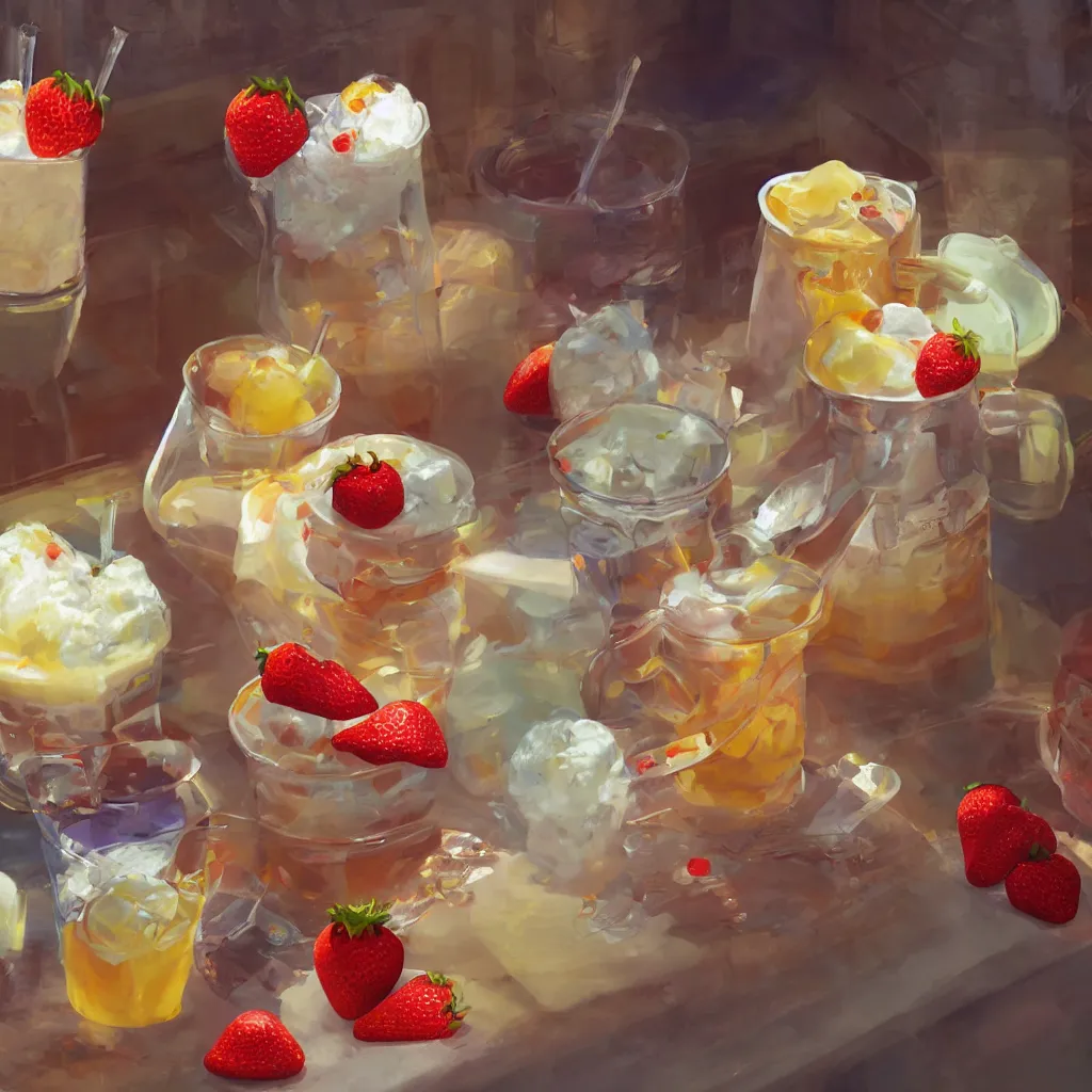 Prompt: a still life painting of cold drinks, ice cream, strawberry embellishment, in the style of makoto shinkai, dreamy, soft, global illumination, radiant light, intricate environment, luminescence, highly detailed, 8 k