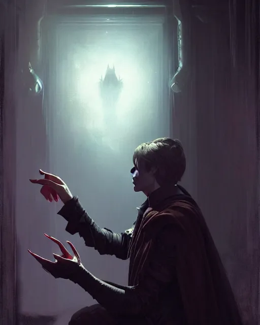 Prompt: a male warlock in a dark room, communicating with his otherworldly patron | | realistic shaded, fine details, realistic shaded lighting poster by greg rutkowski, magali villeneuve, artgerm, jeremy lipkin and michael garmash and rob rey