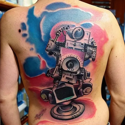 Image similar to backside on the shoulders is a tattoo of a 3 d hole in the skin with multicolored tubes and robotic mechanics and computerparts inside under the skin, insanely integrate,