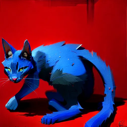 Image similar to blue cat eating red sable painting by eddie mendoza, greg rutkowski