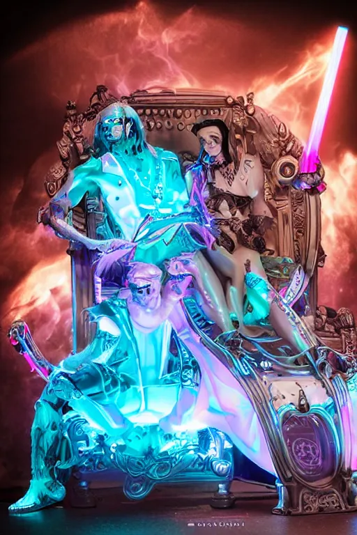 Image similar to fantasy medeival and cyberpunk style white neon statue of a muscular attractive tan male macho dotado android reclining sim roupa con piroca dura, glowing pink face, white baseball cap, blue steampunk lasers, emeralds, swirling silver silk fabric. futuristic elements. prismatic rainbow spotlight, full-length view. space robots. human skulls. throne made of bones, intricate artwork by caravaggio. Trending on artstation, octane render, cinematic lighting from the right, hyper realism, octane render, 8k, depth of field, 3D