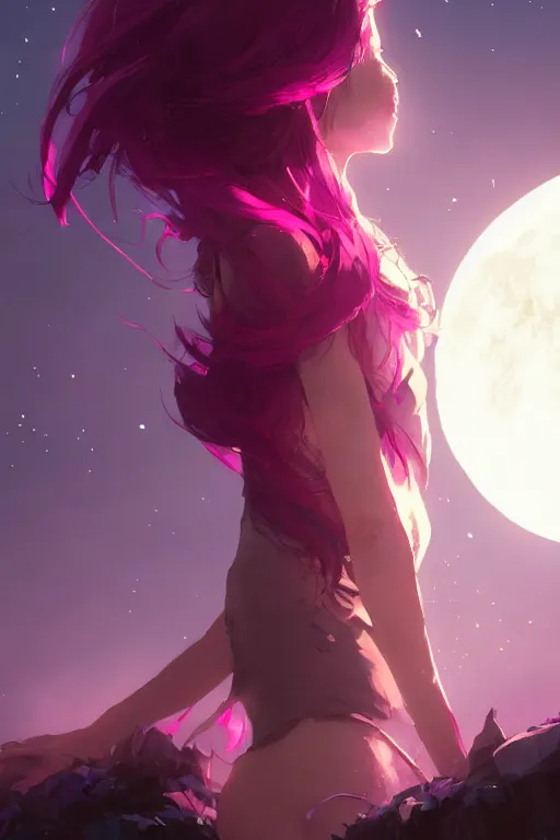 Image similar to A beautiful woman with magenta hair covering her face basking in the moonlight on a bed of obsidian crystals below planets, tall tree, cinematic lighting, dramatic atmosphere, by Dustin Nguyen, Akihiko Yoshida, Greg Tocchini, Greg Rutkowski, Cliff Chiang, 4k resolution, trending on artstation