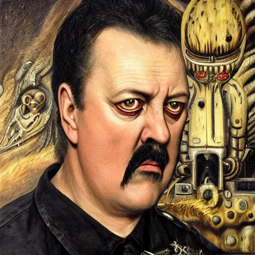 Image similar to Portrait by H.R.Giger of Igor Ivanovich Strelkov who became a degenerate horror Abomination, photo-realistic, color image, 2K, highly detailed