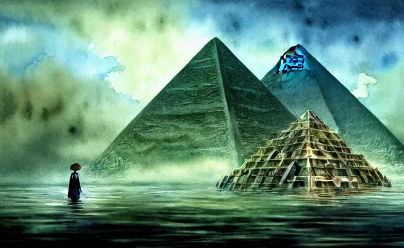 Prompt: a realistic and atmospheric cell - shaded watercolor concept art from howl's moving castle ( 2 0 0 4 ) of a futurist sci - fi city and an egyptian pyramid complex in a flooded rainforest. very dull muted colors, hd, 4 k, hq