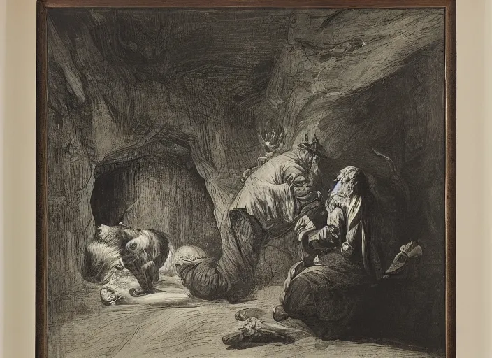 Image similar to Pieter Claesz's 'viewer looking into dark cave and seeing a mother bear and her cubs sleeping', night time, cross hatching, framed painting hanging over couch