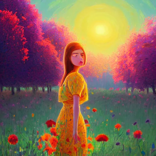 Image similar to girl with giant flower as a face and flower dress, standing in a flower field hills, big trees, sunrise dramatic light, impressionist painting, colorful clouds, digital painting, pointillism, artstation, simon stalenhag