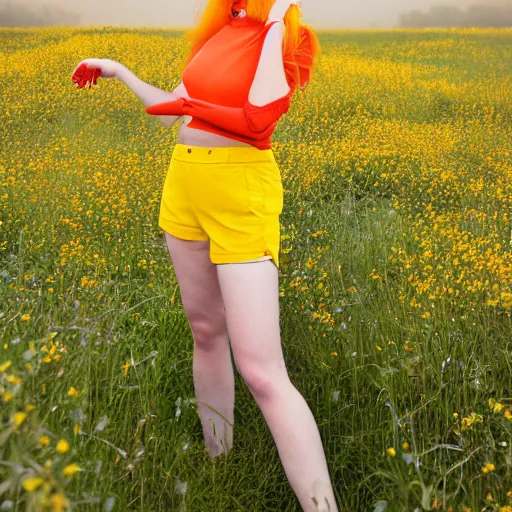 Prompt: misty from pokemon, her orange hair in a side ponytail, wearing a yellow shiort sleeved crop top and blue daisy duke shorts with red suspenders on top, standing in a field, by gottfried helnwein, dslr full body portrait, sigma 8 5 mm f 1. 8