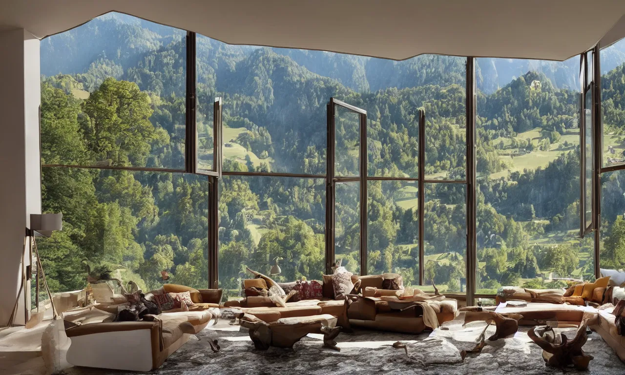 Image similar to fantastical living room with switzerland landscape in the window