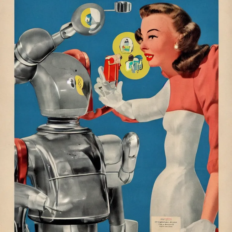 Prompt: 1950s future prediction of a personified artificial intelligent robot, super detailed colour 1950s realistic advertising illustration