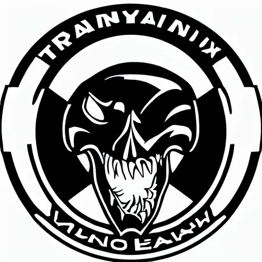 Image similar to tyrannosaurus skull emblem logo, black and white vector, stylized