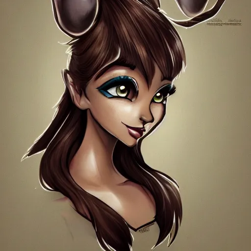 Image similar to headshot of young female furry, D&D, cute, fantasy, intricate, long hair, dark grey skin, mouse face, mouse nose, dark skin, mouse head, mouse ears, black hair, elegant, highly detailed, cartoony, artstation, concept art, smooth, sharp focus, illustration, art by Diives